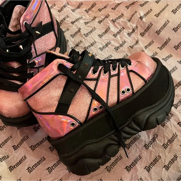 NIB Demonia Neptune 100 Pink Black Iridescent Sparkly Platform Alt Rave Shoes - Picture 5 of 8
